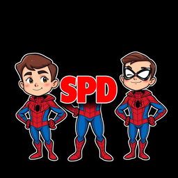 Three cartoon-style superhero characters inspired by Spider-Man, each presented in their own vertical panel