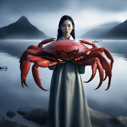 A hyper-realistic image depicts an exceptionally beautiful Korean woman standing behind a colossal crab, set against the backdrop of a lake shrouded in darkness and mist