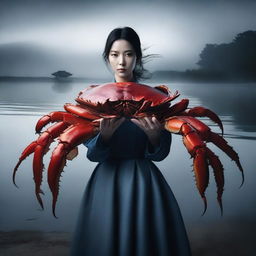 A hyper-realistic image depicts an exceptionally beautiful Korean woman standing behind a colossal crab, set against the backdrop of a lake shrouded in darkness and mist