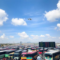A busy bus terminal filled with numerous parked buses of various colors and sizes, creating a vibrant and dynamic atmosphere