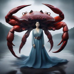 A hyper-realistic image depicts an exceptionally beautiful Korean woman standing behind a colossal crab, set against the backdrop of a lake shrouded in darkness and mist