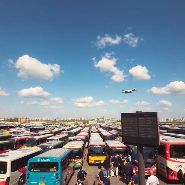 A busy bus terminal filled with numerous parked buses of various colors and sizes, creating a vibrant and dynamic atmosphere