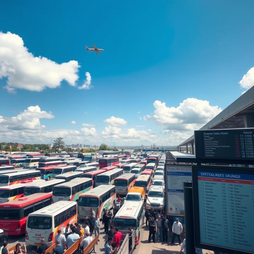 A busy bus terminal filled with numerous parked buses of various colors and sizes, creating a vibrant and dynamic atmosphere