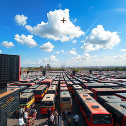 A busy bus terminal filled with numerous parked buses of various colors and sizes, creating a vibrant and dynamic atmosphere