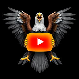 A massive eagle with its mouth wide open and wings closed, holding the complete YouTube symbol in bright yellow