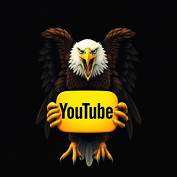 A massive eagle with its mouth wide open and wings closed, holding the complete YouTube symbol in bright yellow
