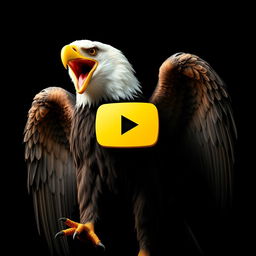 A massive eagle with its mouth wide open and wings closed, holding the complete YouTube symbol in bright yellow