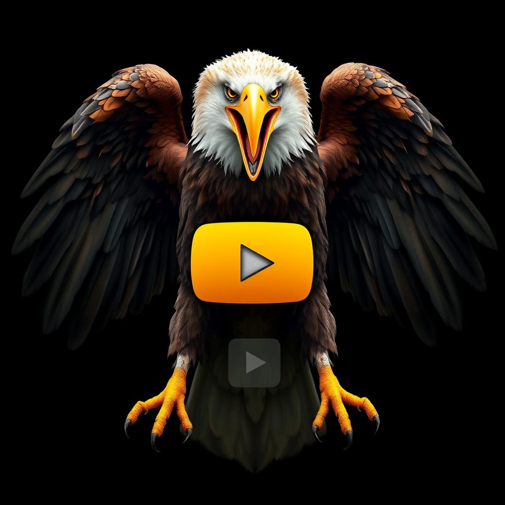 A massive eagle with its mouth wide open and wings closed, holding the complete YouTube symbol in bright yellow