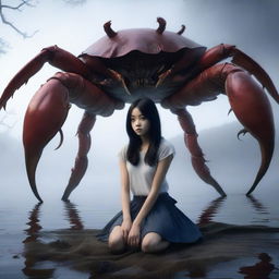 A hyper-realistic image portrays an exceptionally beautiful young Korean girl and an enormous giant crab, situated by a lake filled with darkness and fog