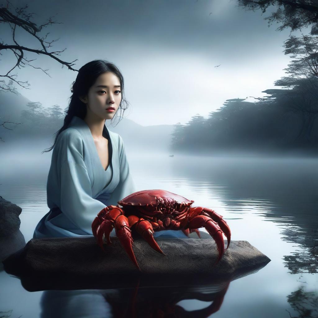 A hyper-realistic image portrays an exceptionally beautiful young Korean girl and an enormous giant crab, situated by a lake filled with darkness and fog