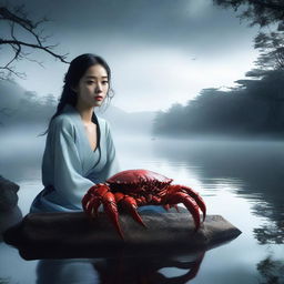 A hyper-realistic image portrays an exceptionally beautiful young Korean girl and an enormous giant crab, situated by a lake filled with darkness and fog