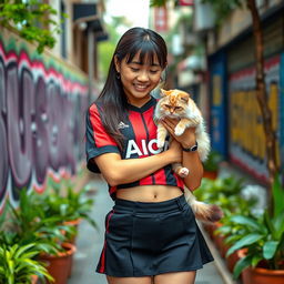 A fashionable Asian girl of Indonesian and Japanese descent, wearing a chic mini short skirt paired with an AC Milan crop top jersey that highlights her belly button piercing