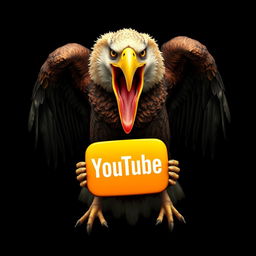 A massive eagle with its mouth open wide, displaying impressive wings closed, holding a complete yellow YouTube logo in its beak against a solid black background