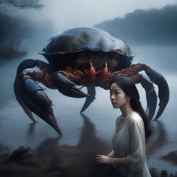 A hyper-realistic image portrays an exceptionally beautiful young Korean girl and an enormous giant crab, situated by a lake filled with darkness and fog