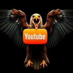 A massive eagle with its mouth open wide, displaying impressive wings closed, holding a complete yellow YouTube logo in its beak against a solid black background