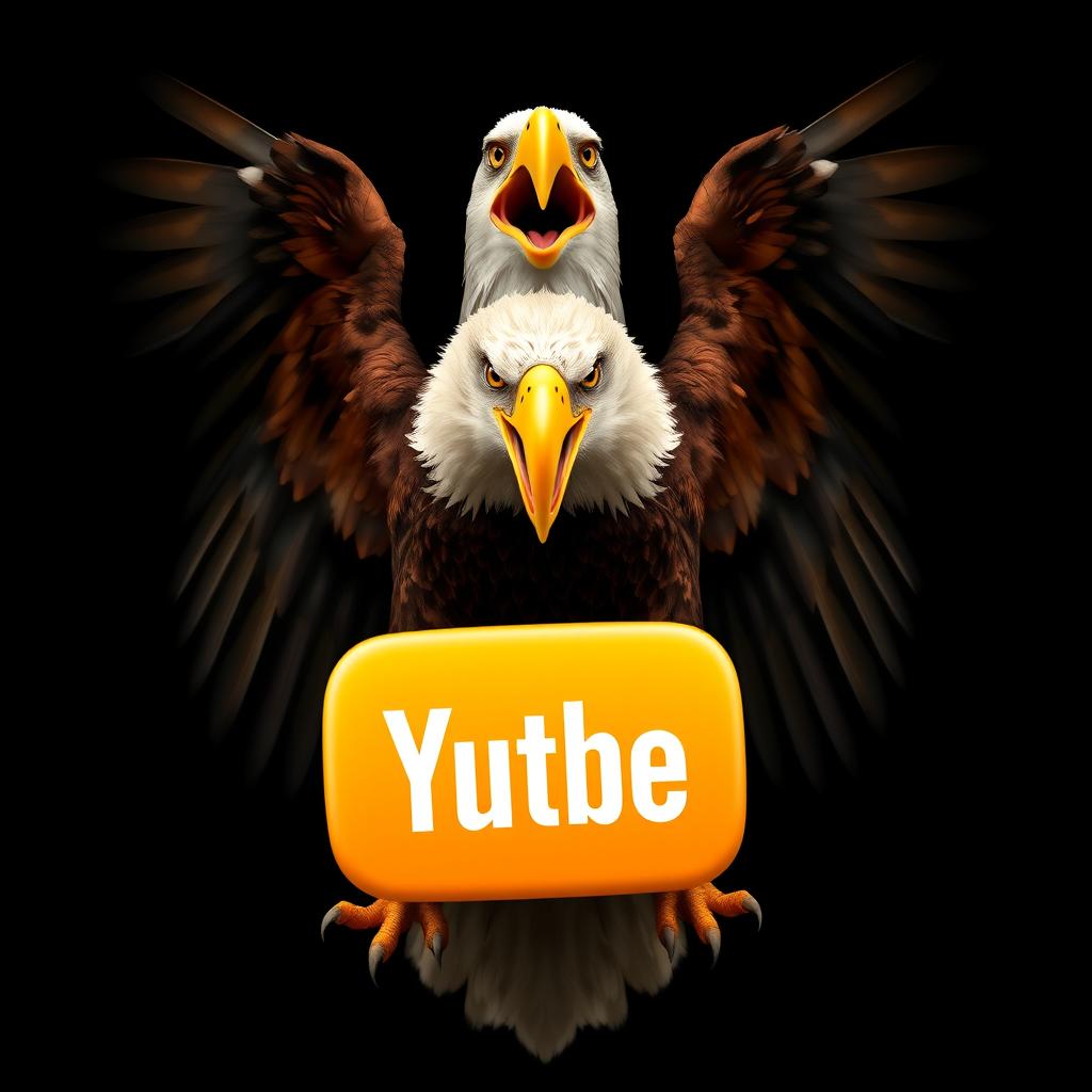 A massive eagle with its mouth open wide, displaying impressive wings closed, holding a complete yellow YouTube logo in its beak against a solid black background