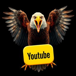 A massive eagle with its mouth open wide, displaying impressive wings closed, holding a complete yellow YouTube logo in its beak against a solid black background