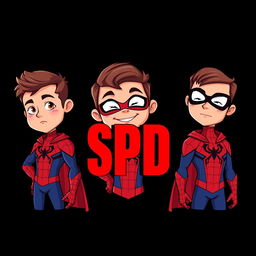 Three cartoon-style superhero characters inspired by Spider-Man, each presented in their own vertical panel