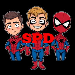 Three cartoon-style superhero characters inspired by Spider-Man, each presented in their own vertical panel