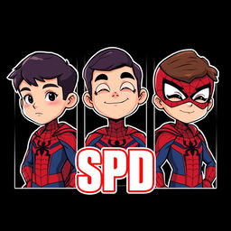 Three cartoon-style superhero characters inspired by Spider-Man, each presented in their own vertical panel