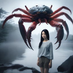 A hyper-realistic image portrays an exceptionally beautiful young Korean girl and an enormous giant crab, situated by a lake filled with darkness and fog