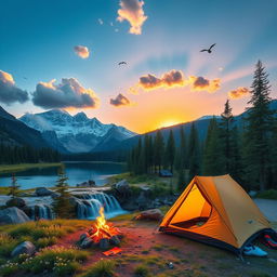 A serene mountain landscape at dawn, with the sun rising over snow-capped peaks