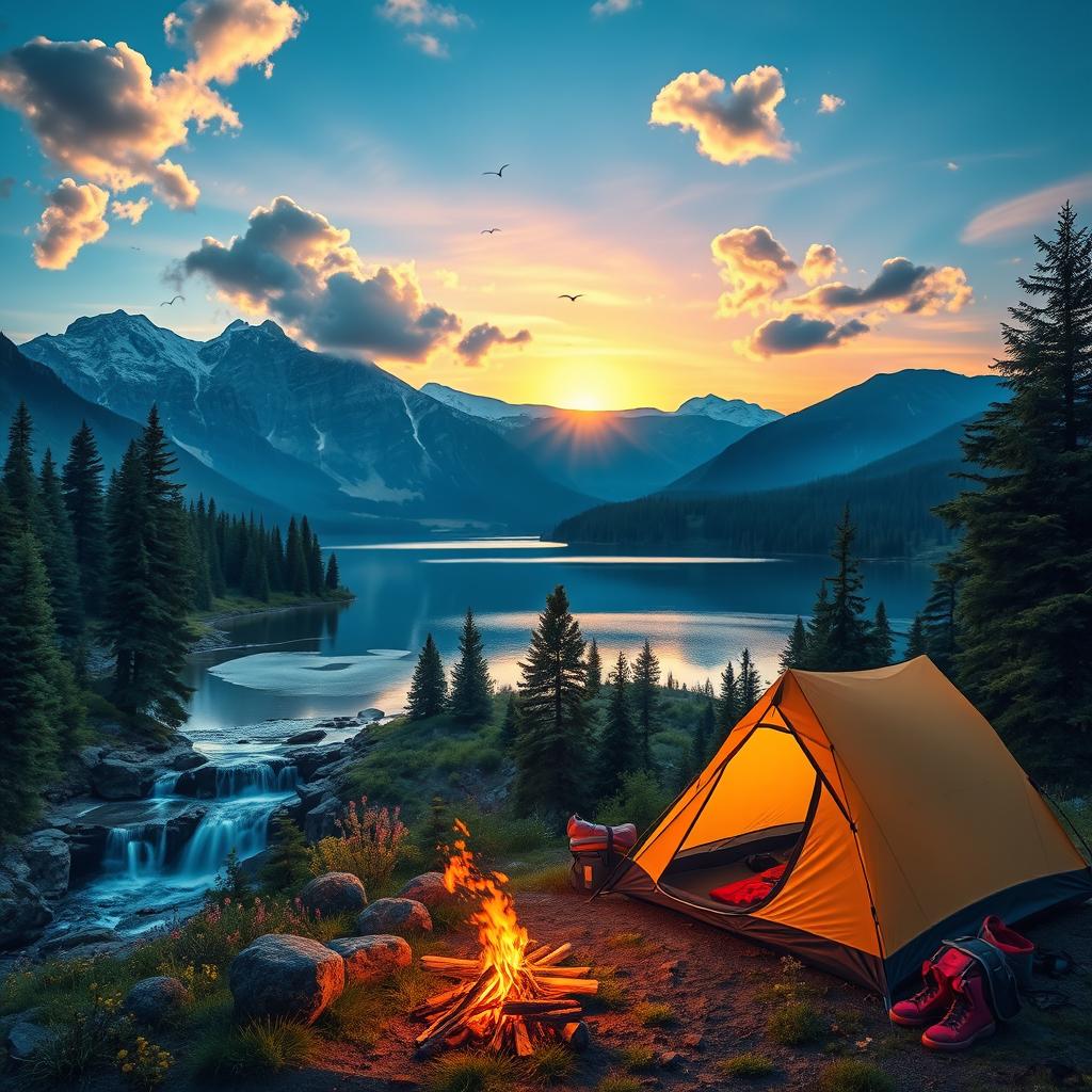 A serene mountain landscape at dawn, with the sun rising over snow-capped peaks