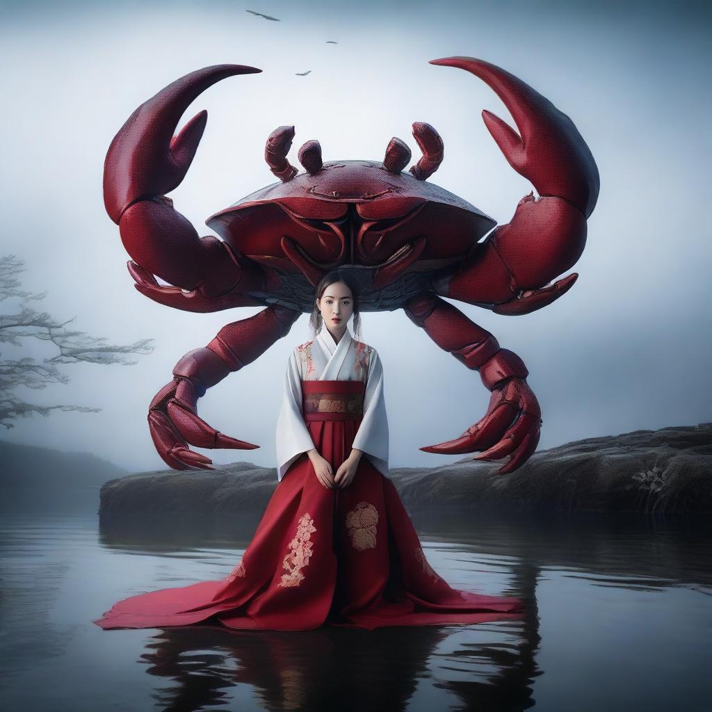 A hyper-realistic image presents an exceptionally beautiful young Korean girl dressed in traditional attire, standing in front of a gigantic crab