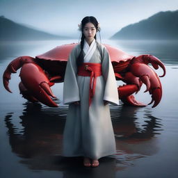 A hyper-realistic image presents an exceptionally beautiful young Korean girl dressed in traditional attire, standing in front of a gigantic crab