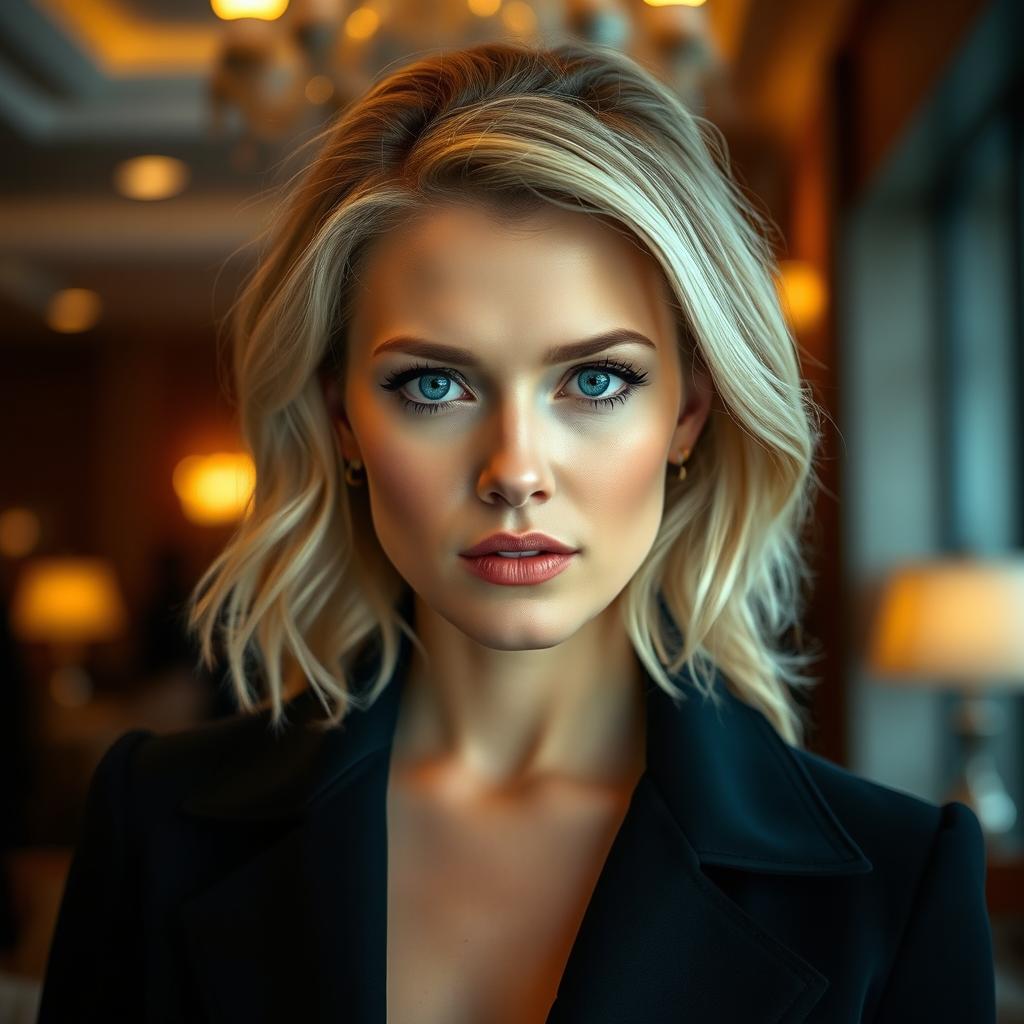 A portrait of a stylish and elegant woman resembling Scarlett Johansson, showcasing her distinctive features like her iconic blonde hair and captivating blue eyes