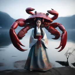 A hyper-realistic image presents an exceptionally beautiful young Korean girl dressed in traditional attire, standing in front of a gigantic crab