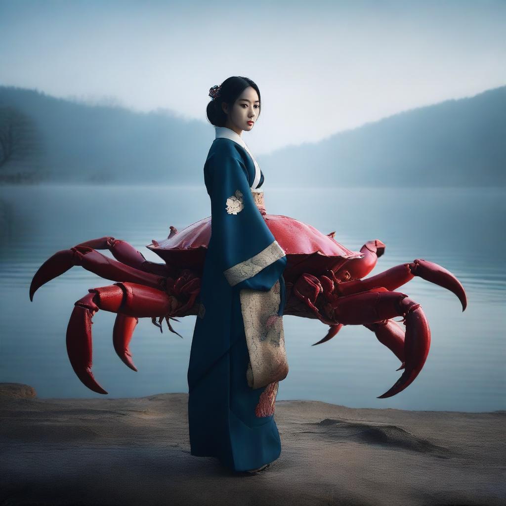 A hyper-realistic image presents an exceptionally beautiful young Korean girl dressed in traditional attire, standing in front of a gigantic crab