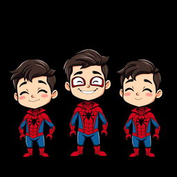 Three cartoon-style superhero characters inspired by Spider-Man, each presented in their own vertical panel