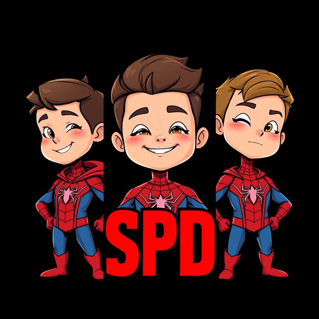 Three cartoon-style superhero characters inspired by Spider-Man, each presented in their own vertical panel