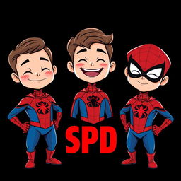 Three cartoon-style superhero characters inspired by Spider-Man, each presented in their own vertical panel