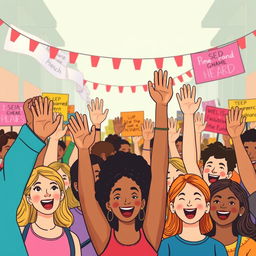 A vibrant and engaging illustration of a diverse group of people raising their hands in a lively setting, symbolizing empowerment and participation