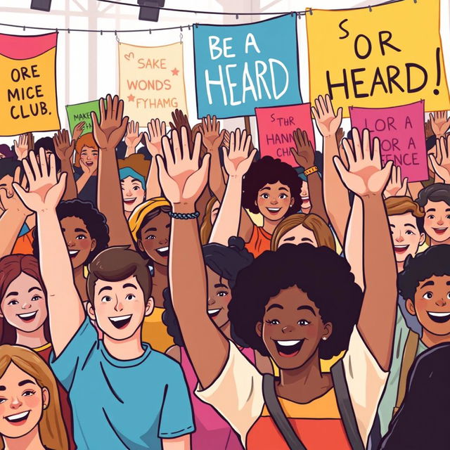 A vibrant and engaging illustration of a diverse group of people raising their hands in a lively setting, symbolizing empowerment and participation