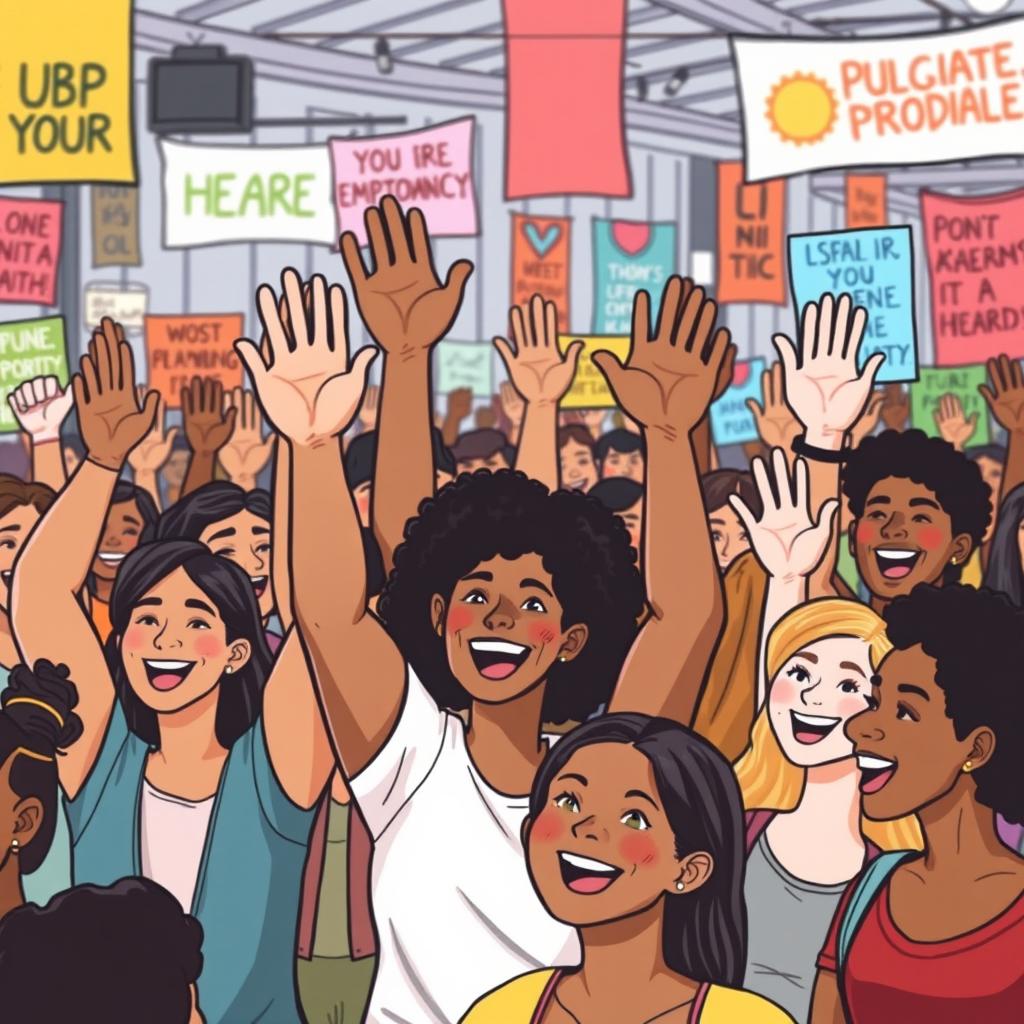 A vibrant and engaging illustration of a diverse group of people raising their hands in a lively setting, symbolizing empowerment and participation