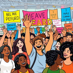 A vibrant and engaging illustration of a diverse group of people raising their hands in a lively setting, symbolizing empowerment and participation
