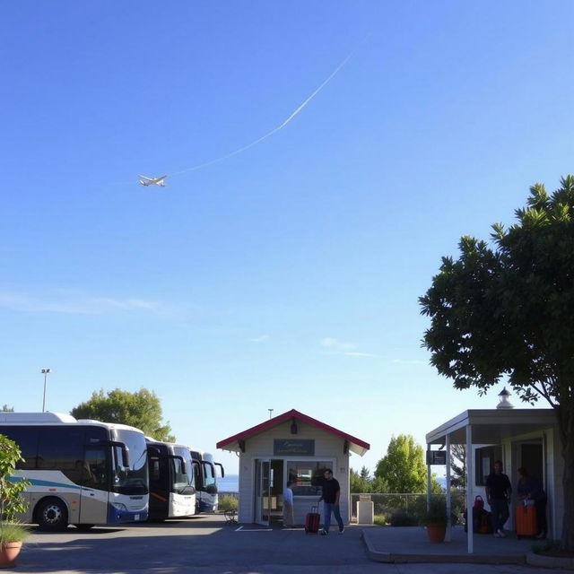 A small, charming bus terminal with a few parked buses, set against a bright blue sky