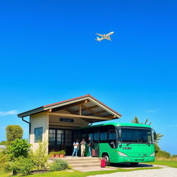 A small, charming bus terminal with a few parked buses, set against a bright blue sky
