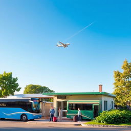 A small, charming bus terminal with a few parked buses, set against a bright blue sky