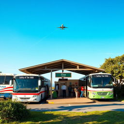 A small, charming bus terminal with a few parked buses, set against a bright blue sky