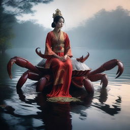 A hyper-realistic image features an exceptionally beautiful young Asian girl, clad in traditional Indonesian attire, riding atop a massive giant crab