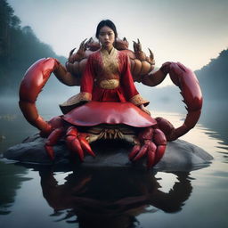 A hyper-realistic image features an exceptionally beautiful young Asian girl, clad in traditional Indonesian attire, riding atop a massive giant crab