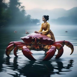 A hyper-realistic image features an exceptionally beautiful young Asian girl, clad in traditional Indonesian attire, riding atop a massive giant crab