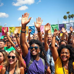 A vibrant and energetic scene featuring people of diverse backgrounds enthusiastically raising their hands in a large group setting, symbolizing empowerment and participation