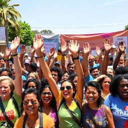 A vibrant and energetic scene featuring people of diverse backgrounds enthusiastically raising their hands in a large group setting, symbolizing empowerment and participation
