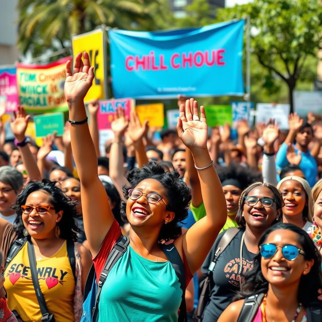 A vibrant and energetic scene featuring people of diverse backgrounds enthusiastically raising their hands in a large group setting, symbolizing empowerment and participation