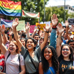 A vibrant and energetic scene featuring people of diverse backgrounds enthusiastically raising their hands in a large group setting, symbolizing empowerment and participation